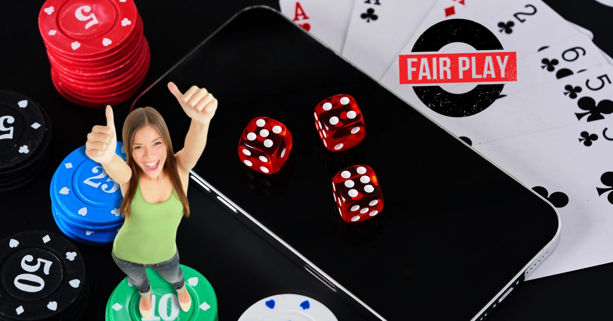 Concept of Online Casino - Dice - Cards - Mobile Phone - Happy Woman Giving Thumbs Up