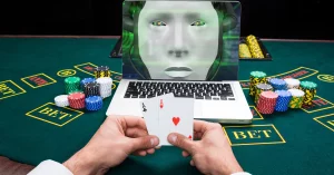 Laptop AI Image on Casino Table - Hands Holding Two Aces