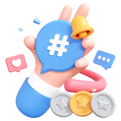 3D Hand Holding Hashtag on Speech Bubble