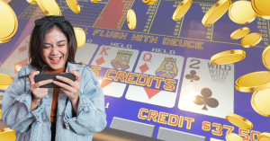 Woman Laughing While Playing Game Using Phone - VIdeo Poker Game Screenshot - Gold Coins
