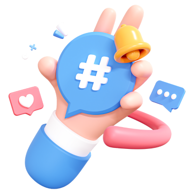 3D Trends Icon - 3D Hand Holding Hashtag on Speech Bubble