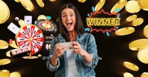 Euphoric Woman Looking at Her Smartphone - Casino Games - Winner Neon Sign