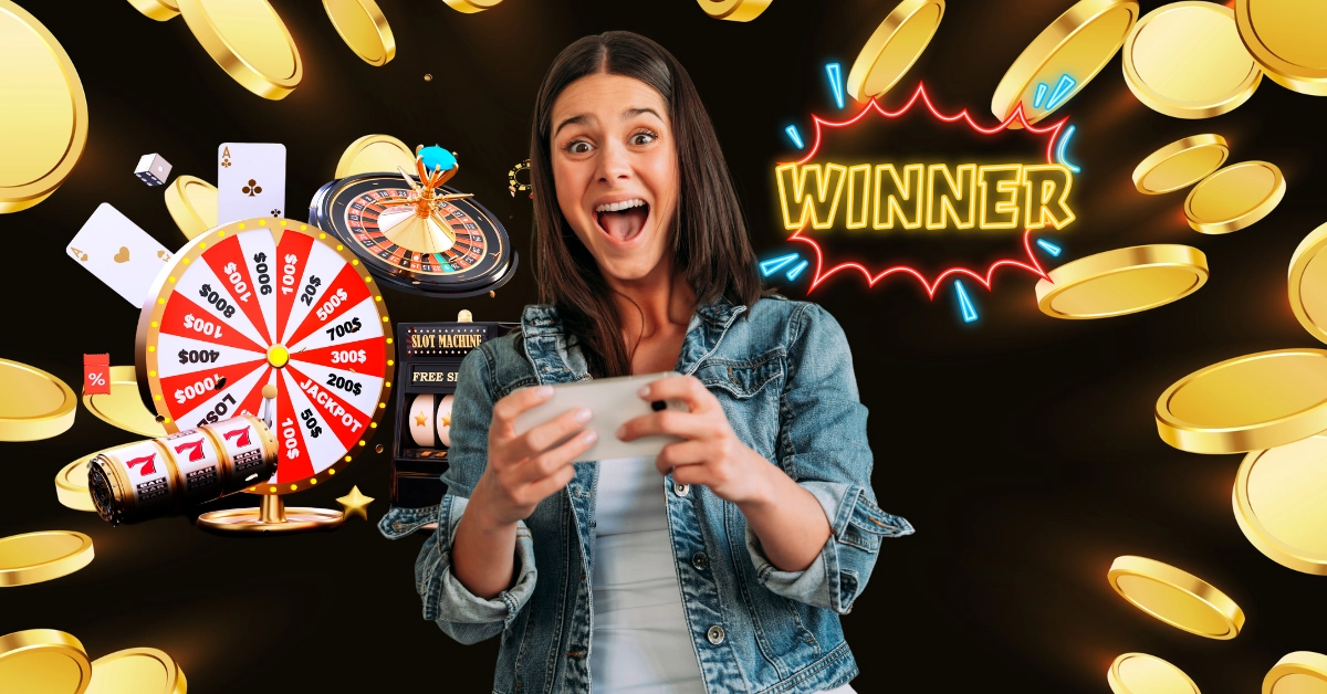 Euphoric Woman Looking at Her Smartphone - Casino Games - Winner Neon Sign