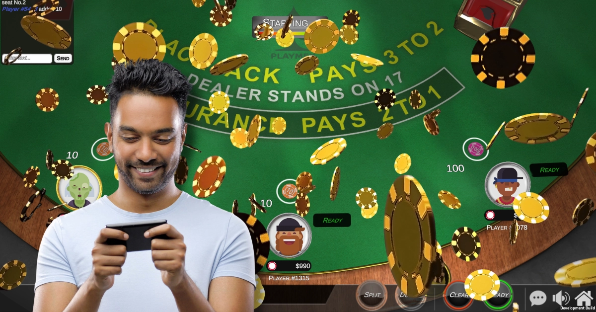 Happy Man Playing Game on Smartphone - Online Blackjack Table - Casino Chips