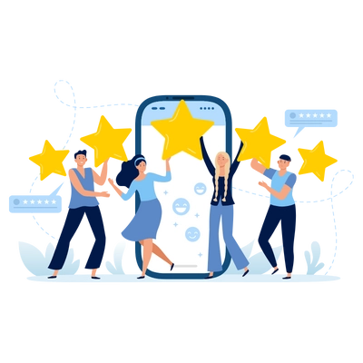 Five Stars Mobile App Feedback. Customers Satisfaction, Clients Leave Five Star Rating and Positive Feedback Flat Vector Illustration