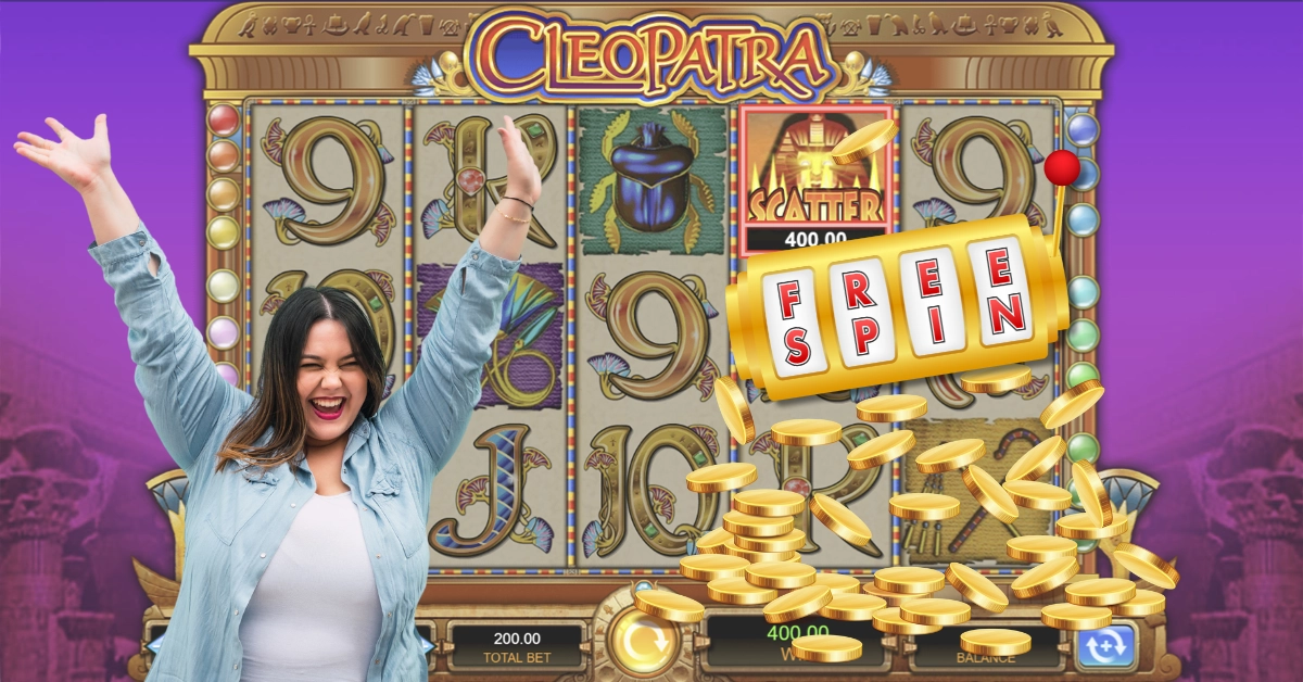 Cleopatra Slot Screenshot - Woman Celebrating - Free Spin and Gold Coins