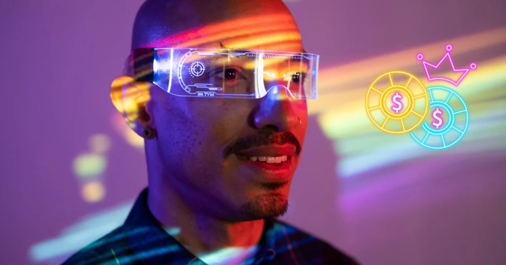 Man Wearing Augmented Reality Glasses - Casino Chips Neon Sign