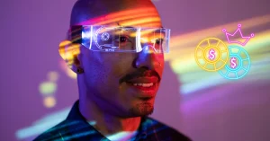 Man Wearing Augmented Reality Glasses - Casino Chips Neon Sign