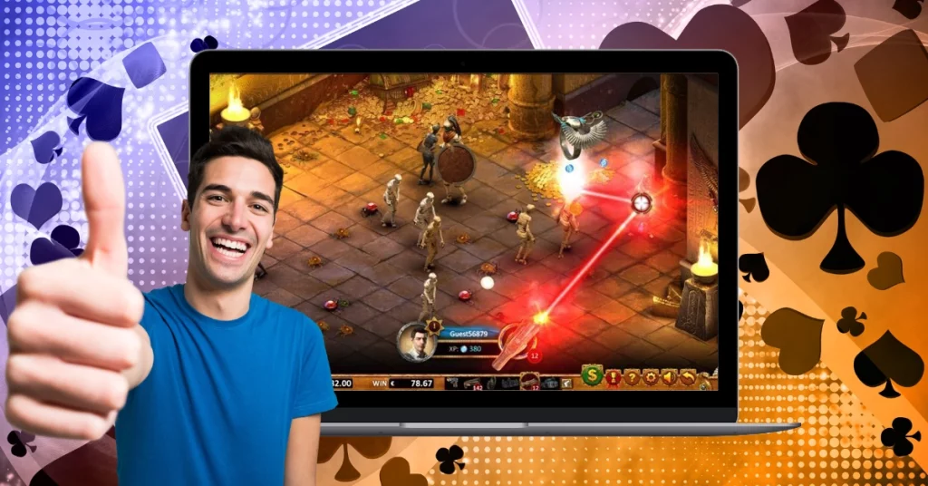 Playing Max Quest Wrath of Ra Slot at Laptop - Happy Smiling Man Giving Thumbs up