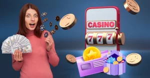 Slot Machine in Casino App with Rewards - Happy Woman with Holding Cash