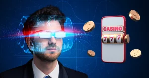 Man with Future High Tech Smart Glasses - Slot Machine in Casino App 3D Illustration