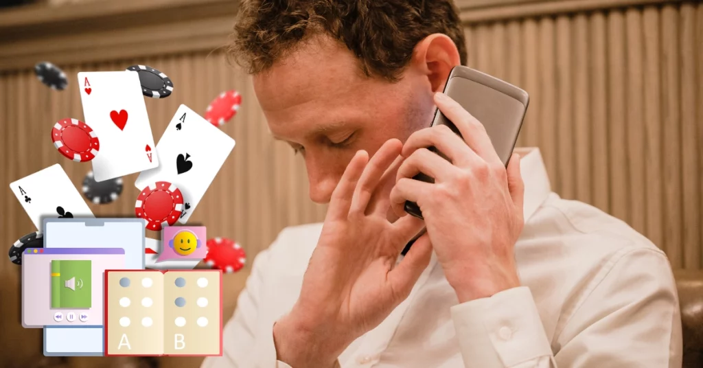 A Close-up of a man who has a his smarthphone in his hand a he is using a visually impaired mobile app to help assist him - Accessibility features - Cards and Casino Chips