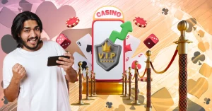 Happy Man Using Mobile Man - Casino Background - Casino App Showing VIP Level Up